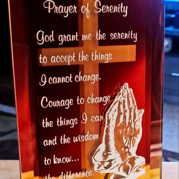 PRAYER of SERENITY Glass Table PLAQUE w/WOOD STAND - Picture 3 of 10